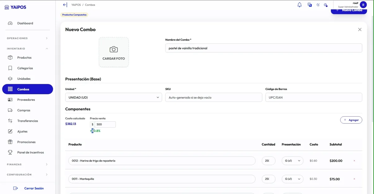 Costo calculado, precio de venta y margen del combo