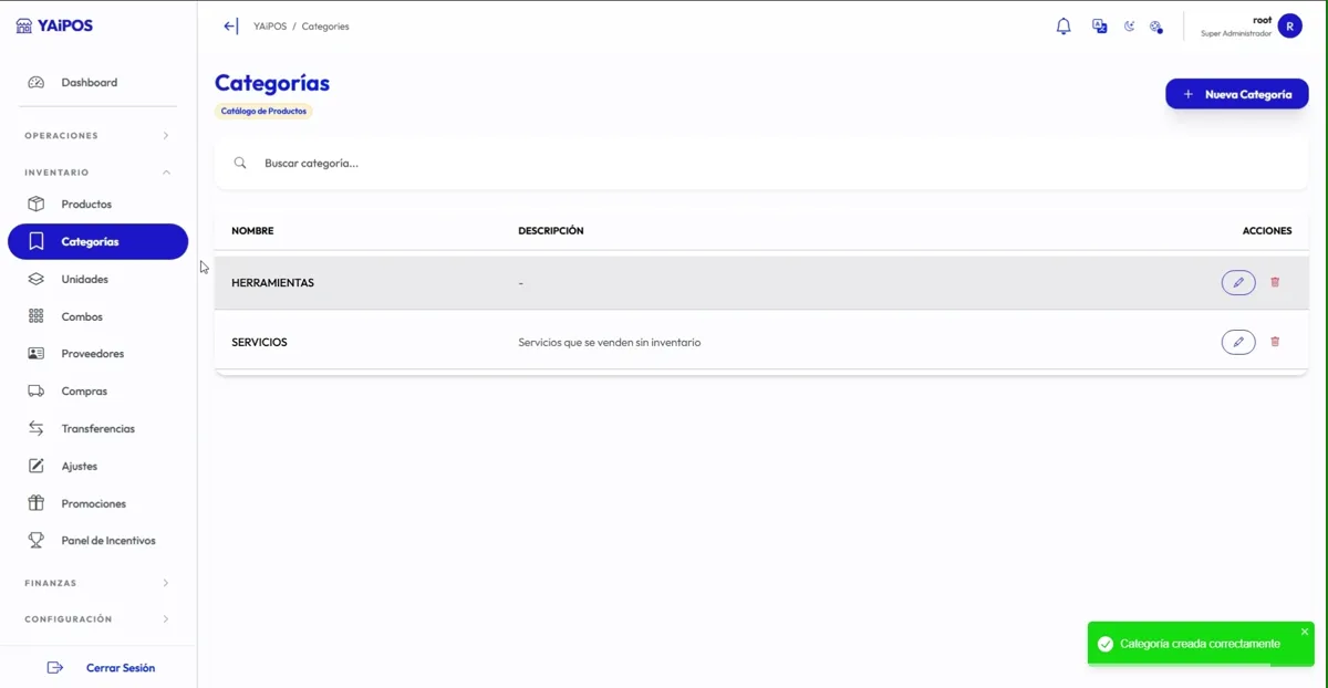 Pantalla de categorías de YAiPOS con Herramientas y Servicios