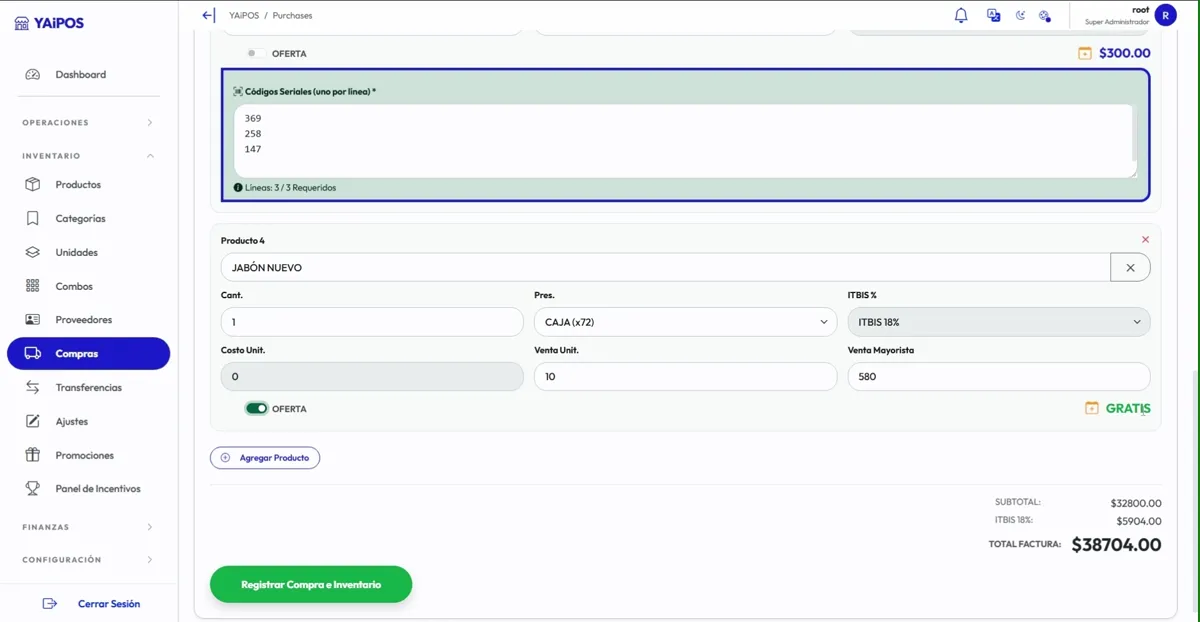 Registro de compra con números de serie y una caja marcada como oferta gratis