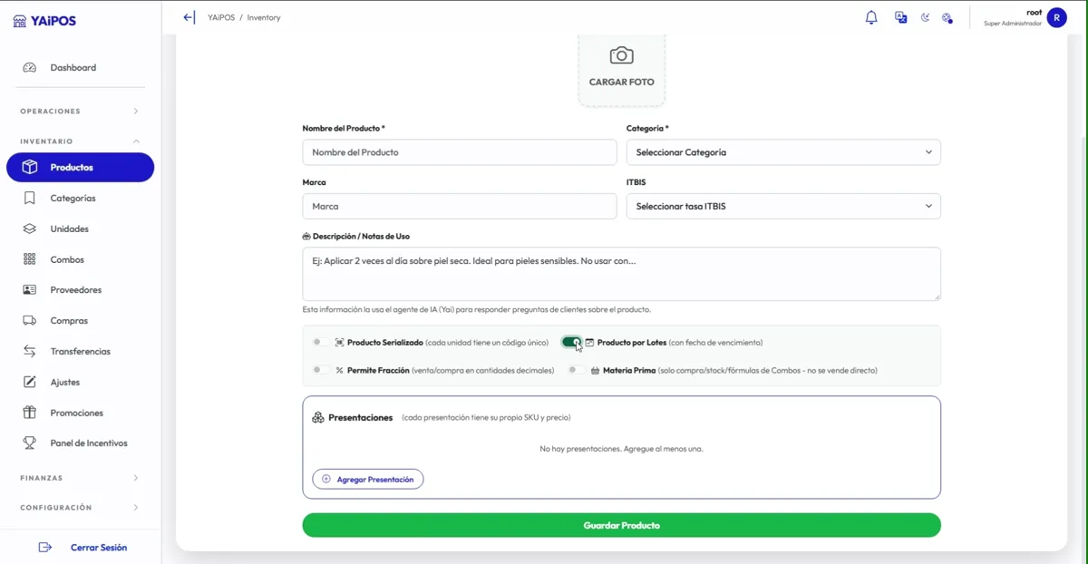 Formulario de nuevo producto con tipos de producto y presentaciones