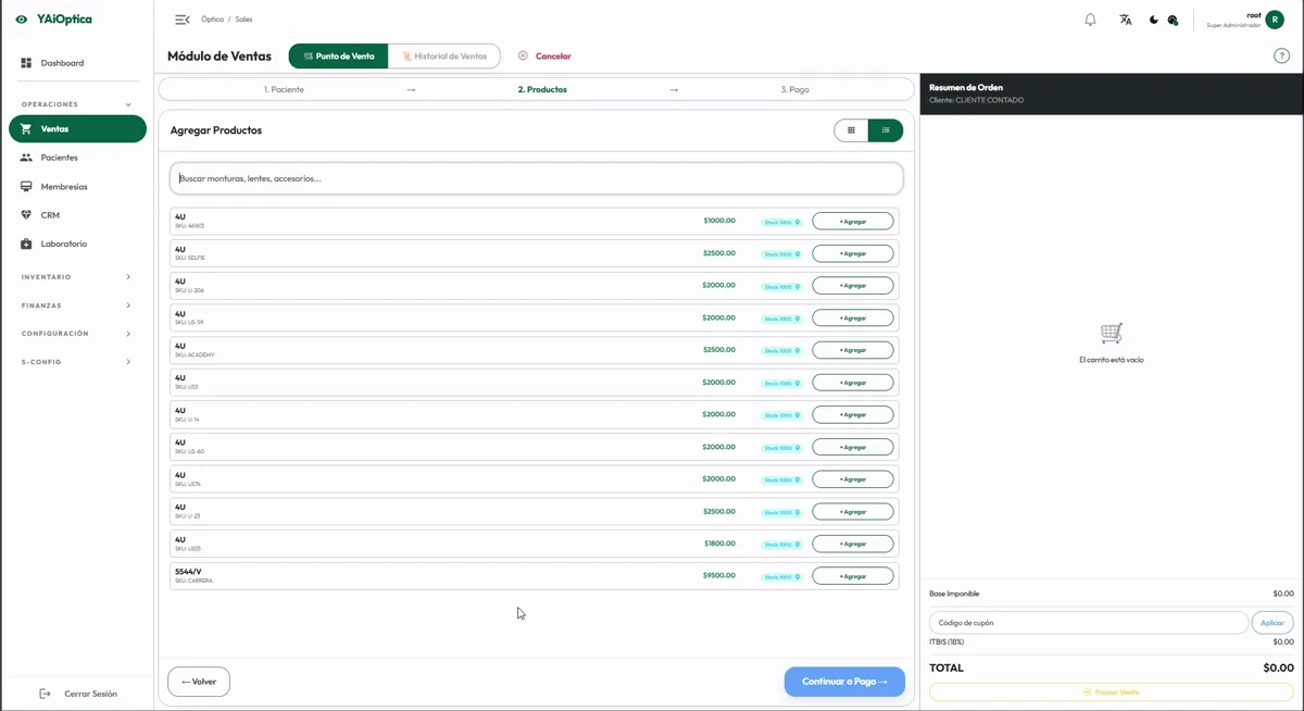 Módulo de ventas de YAiOptica